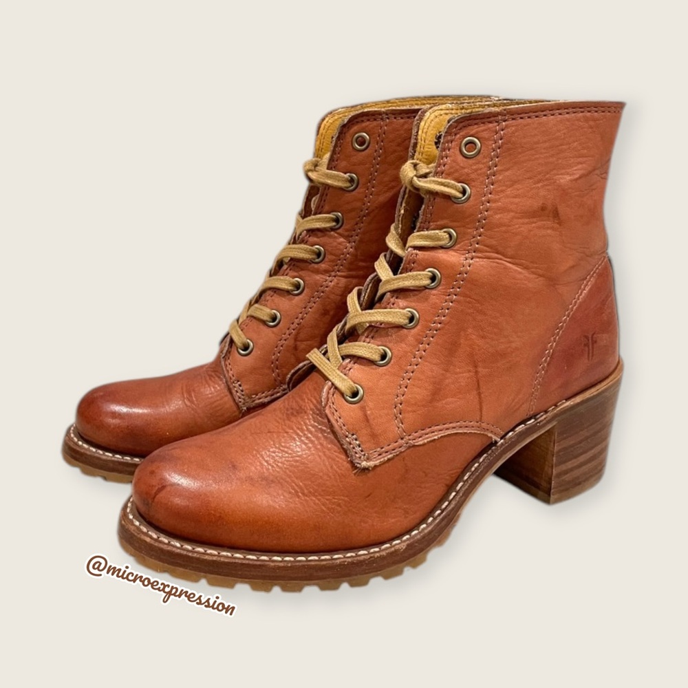 RARE Frye Sabrina 6G Lace Up Genuine Cognac Leather Classic Combat Ankle Boots - Picture 11 of 16